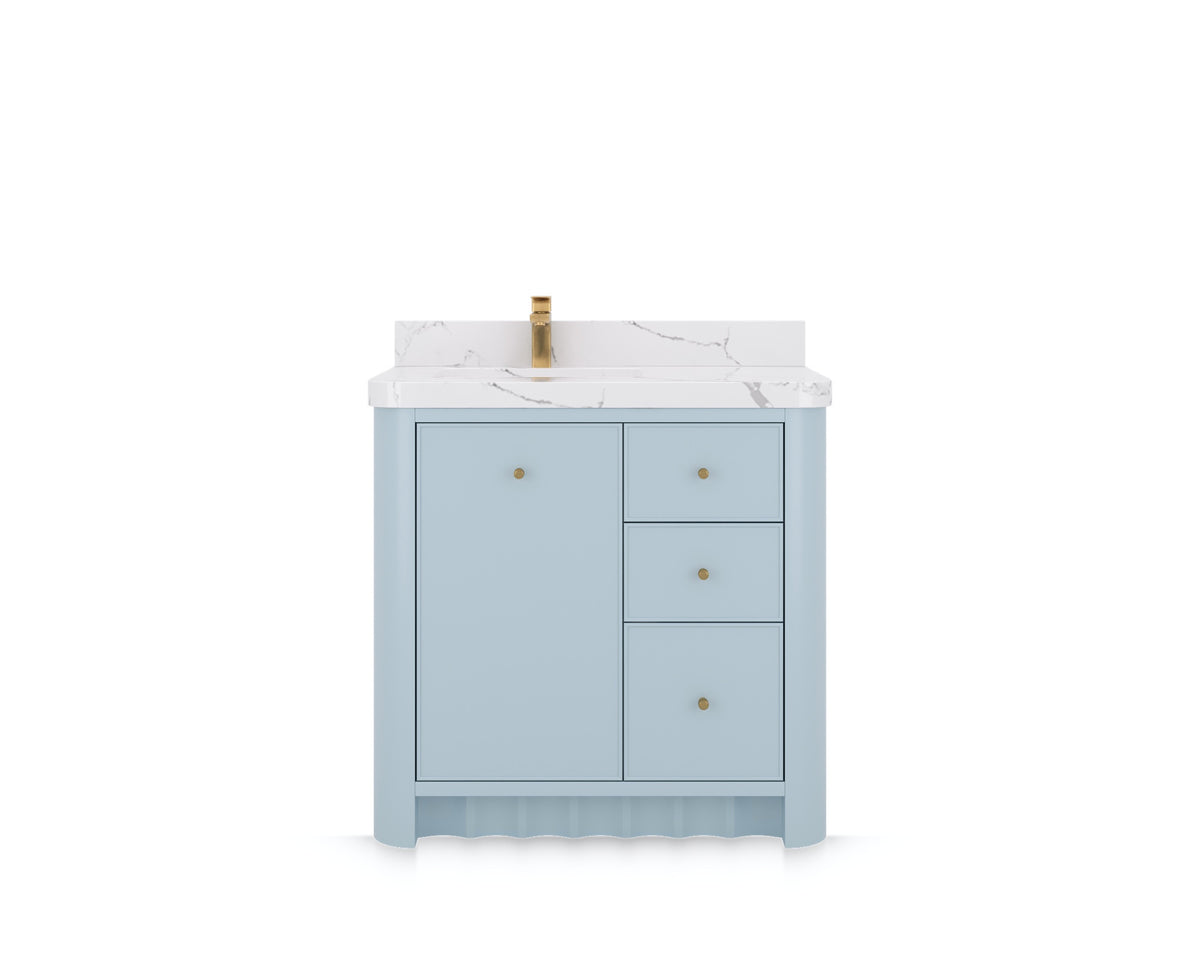 Orlando 36 in. left offset sink bathroom vanity in Blue Heather, front view on a white background