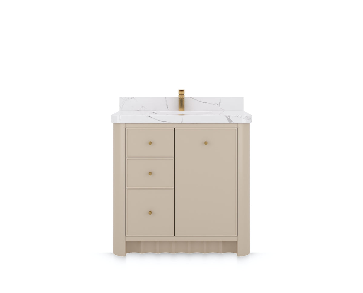 Orlando 36 in. center sink bathroom vanity in Fine Grain Linen Beige, front view on a white background