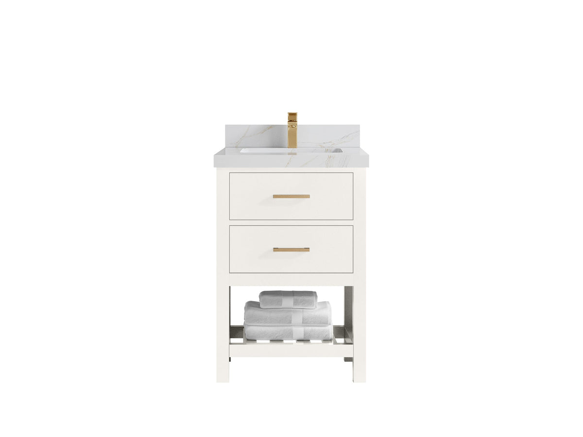 Parker 24-inch bathroom vanity in warm white with a white countertop featuring fine gold and gray veining, front view