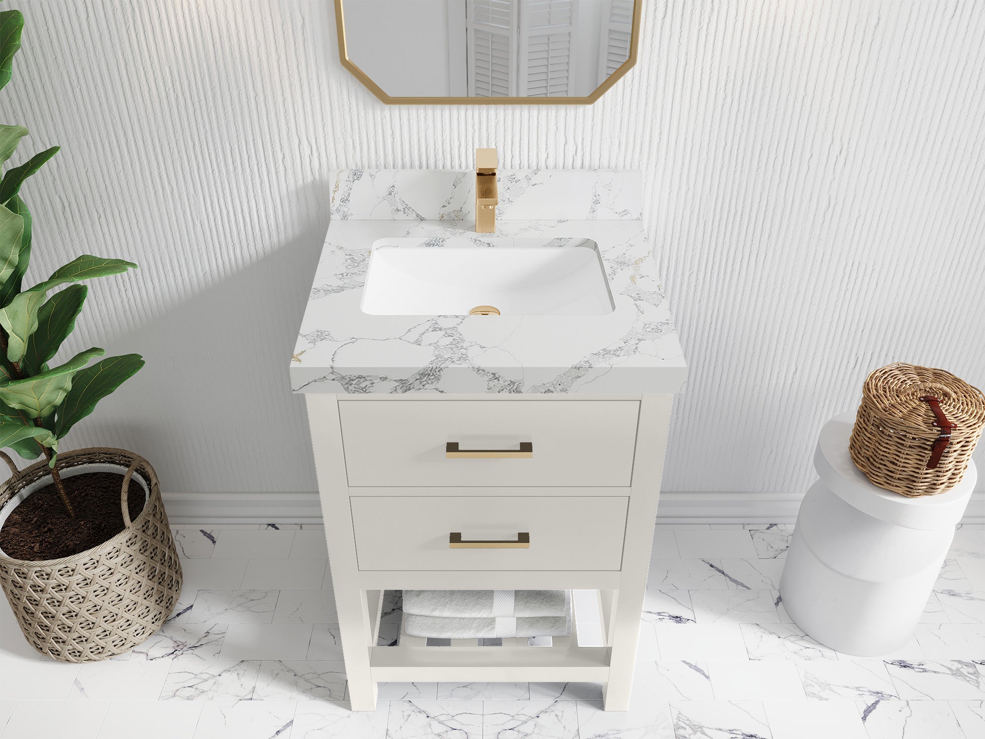Parker 24-inch bathroom vanity in Alabaster with Calacatta Poanazzo Quartz countertop