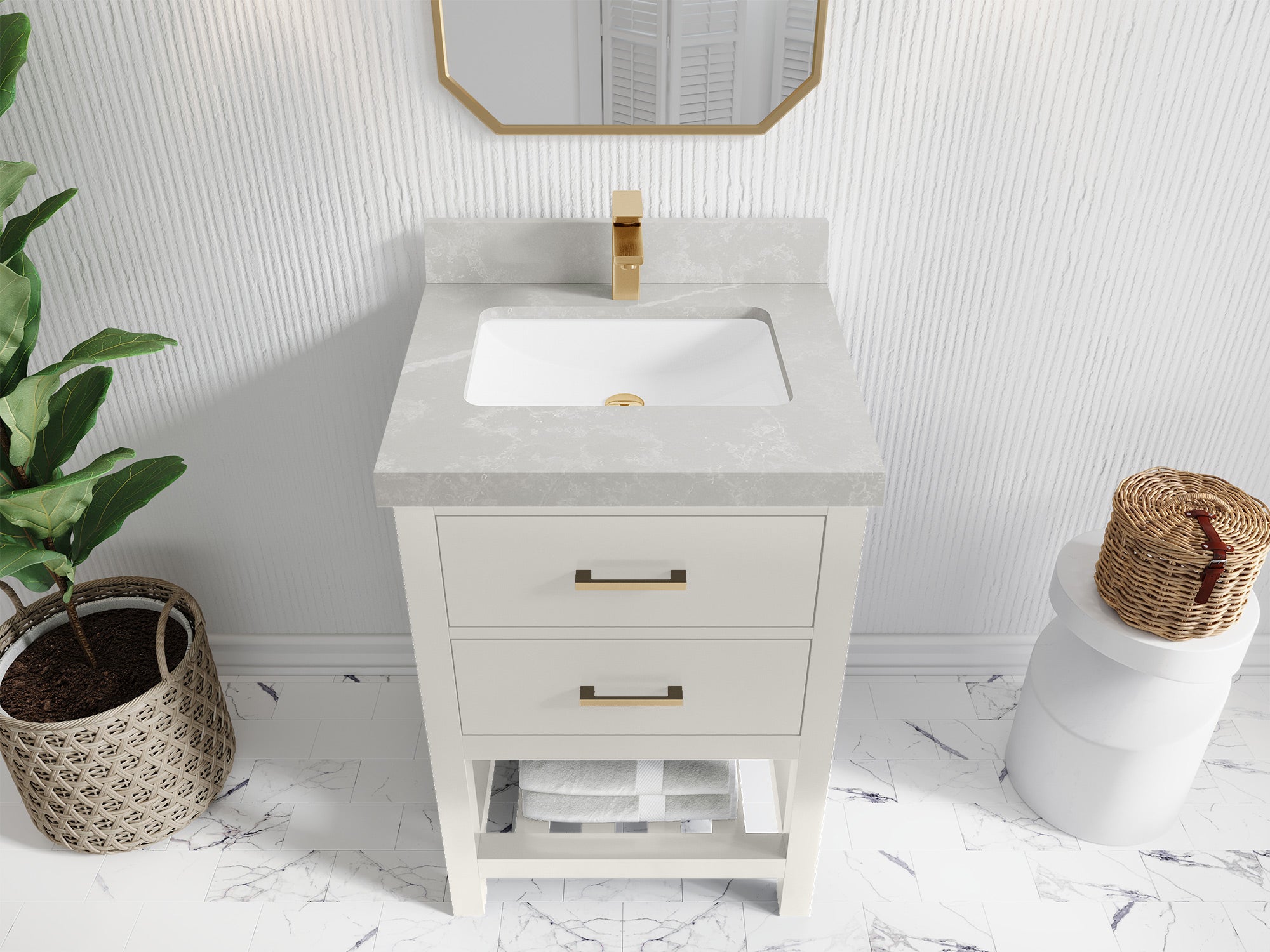 Parker 24-inch bathroom vanity in Alabaster with Pearl Light Gray Quartz countertop