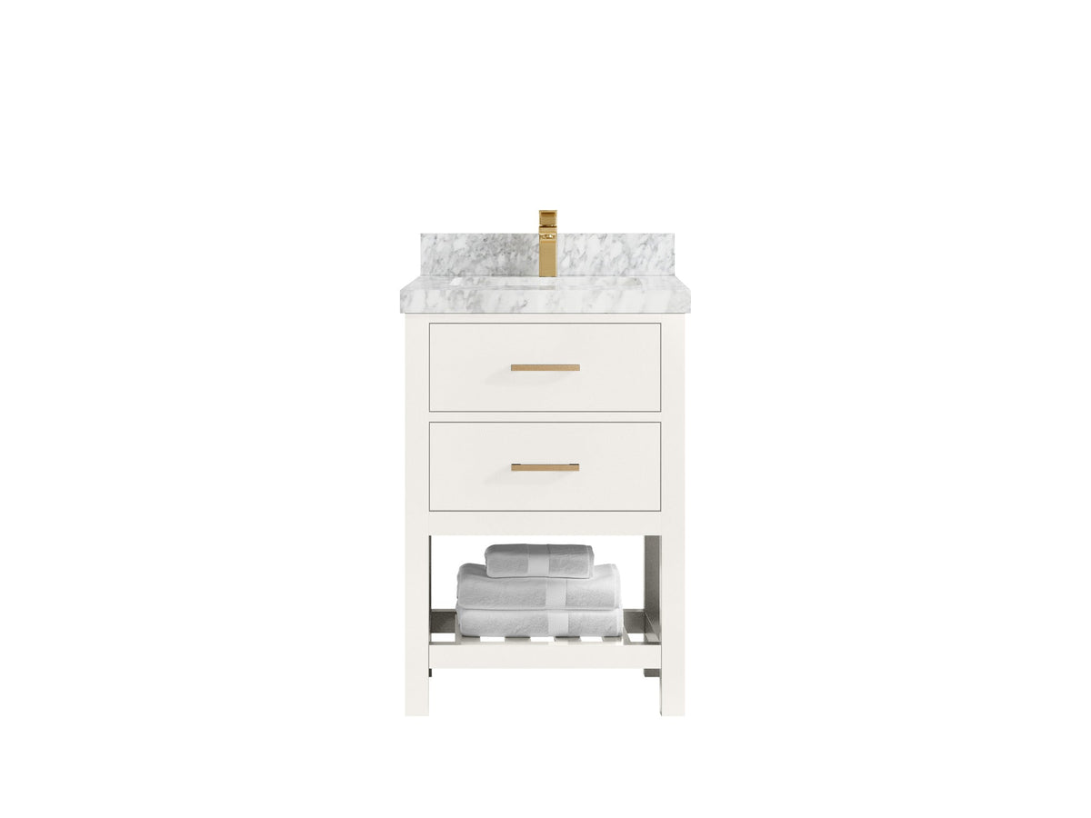 Parker 24-inch bathroom vanity in warm white with a white countertop featuring a dense gray pattern, front view