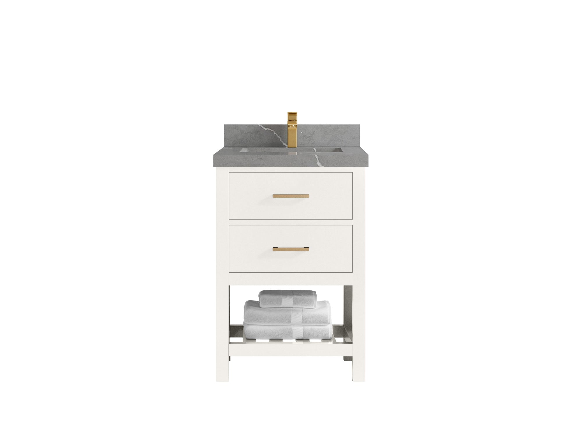 Parker 24-inch bathroom vanity in warm white with a dark gray countertop and white diagonal vein, front view