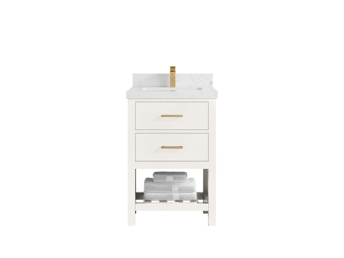 Parker 24-inch bathroom vanity in warm white with a white countertop featuring scattered fine gray veining, front view