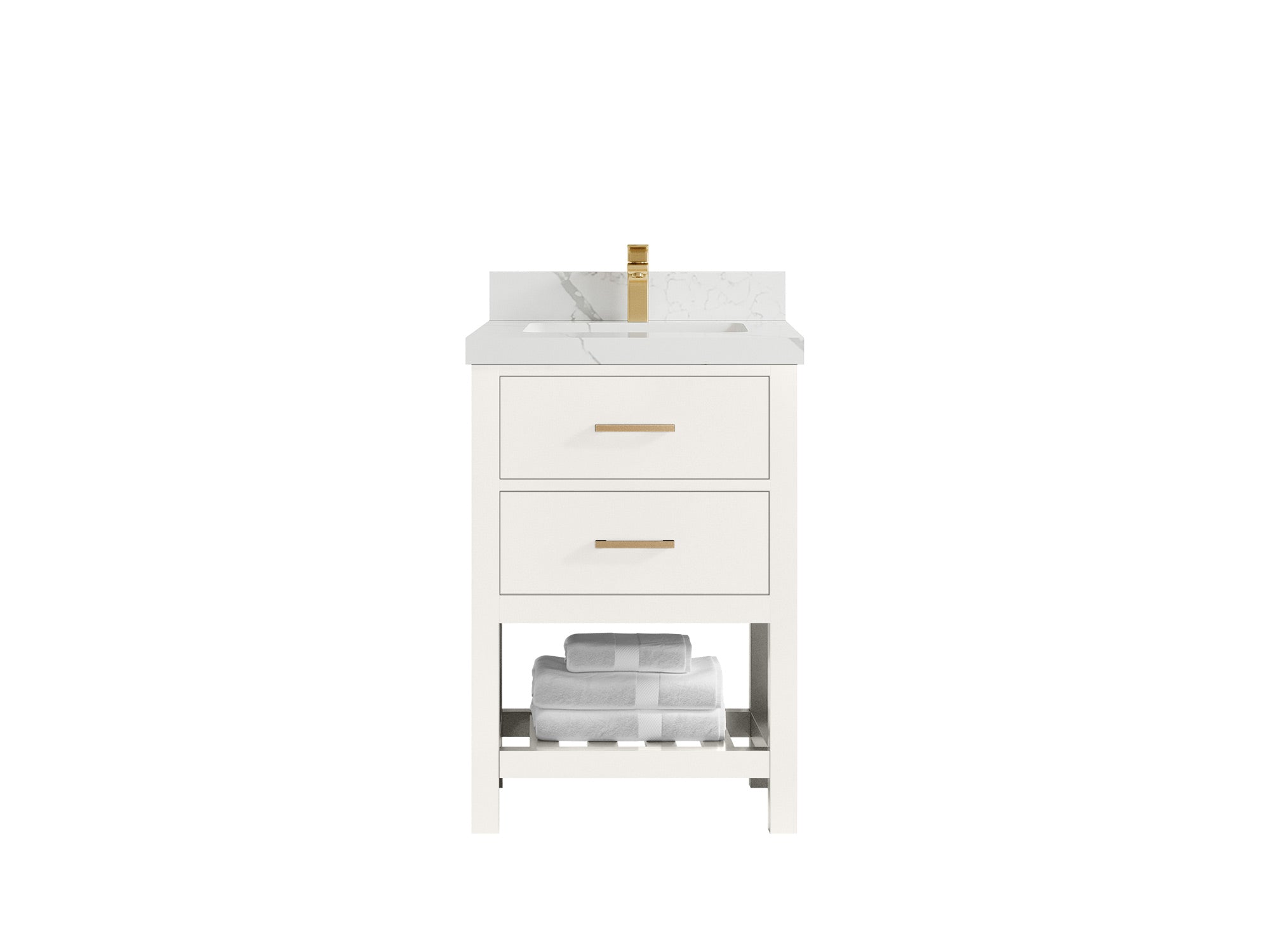 Parker 24-inch bathroom vanity in warm white with a white countertop featuring a bold gray vein, front view