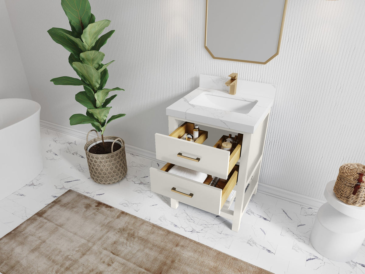Parker 24-inch bathroom vanity in warm white with both drawers open to show storage