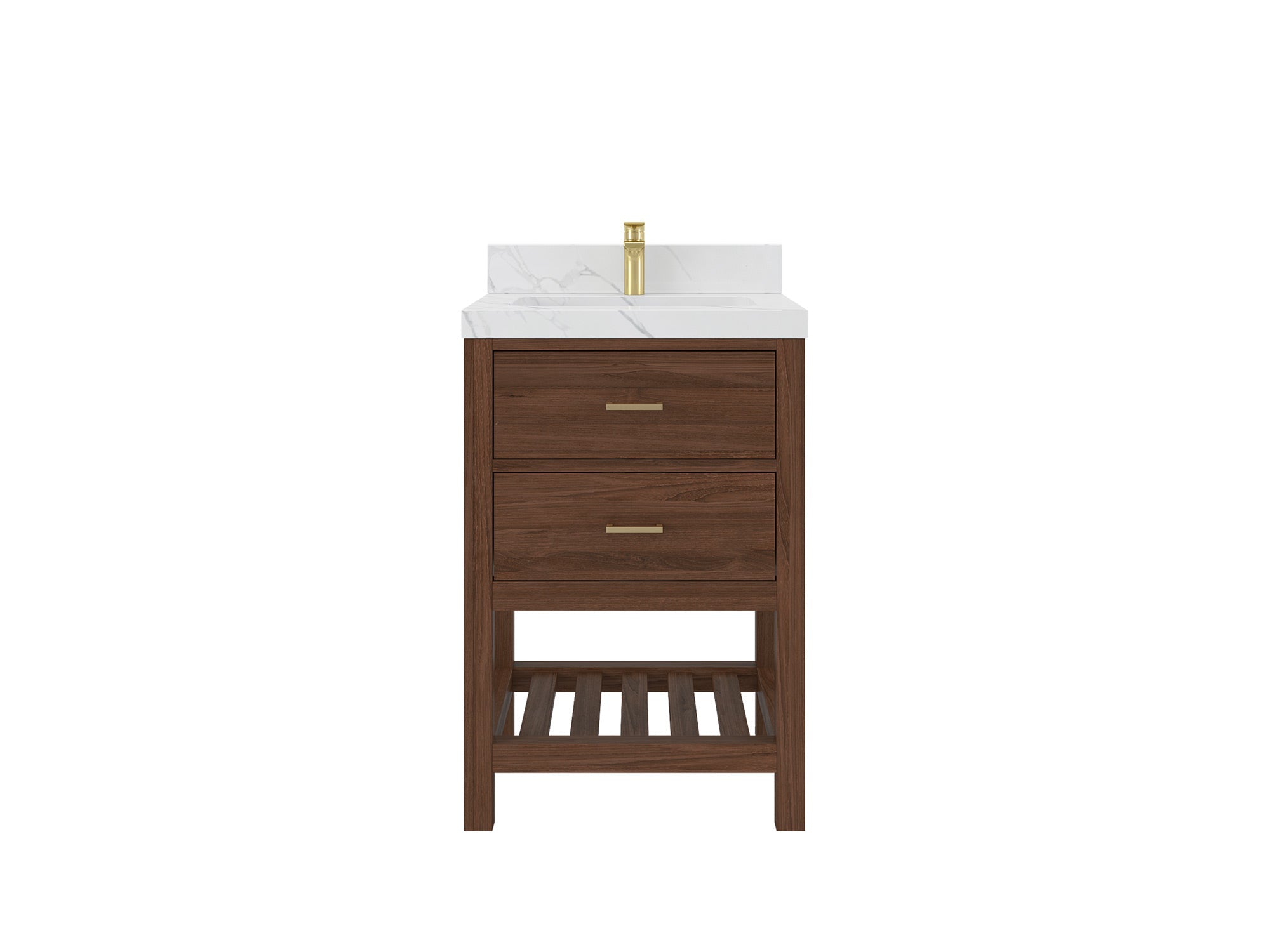 Parker Teak Wood 24-inch bathroom vanity with white veined countertop, front product view