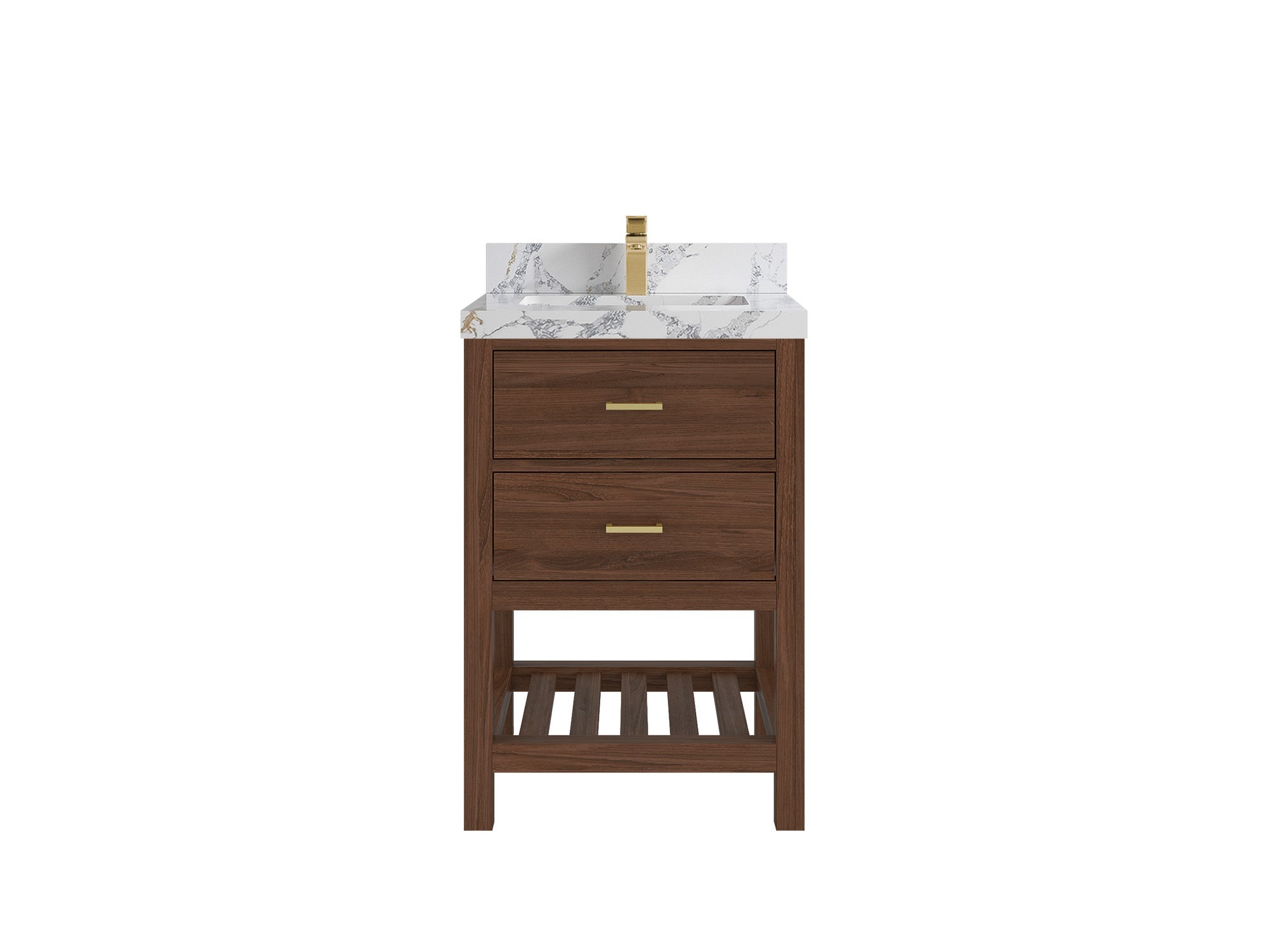Parker Teak Wood 24-inch bathroom vanity in Dark Walnut Teak with Calacatta Poanazzo Quartz countertop