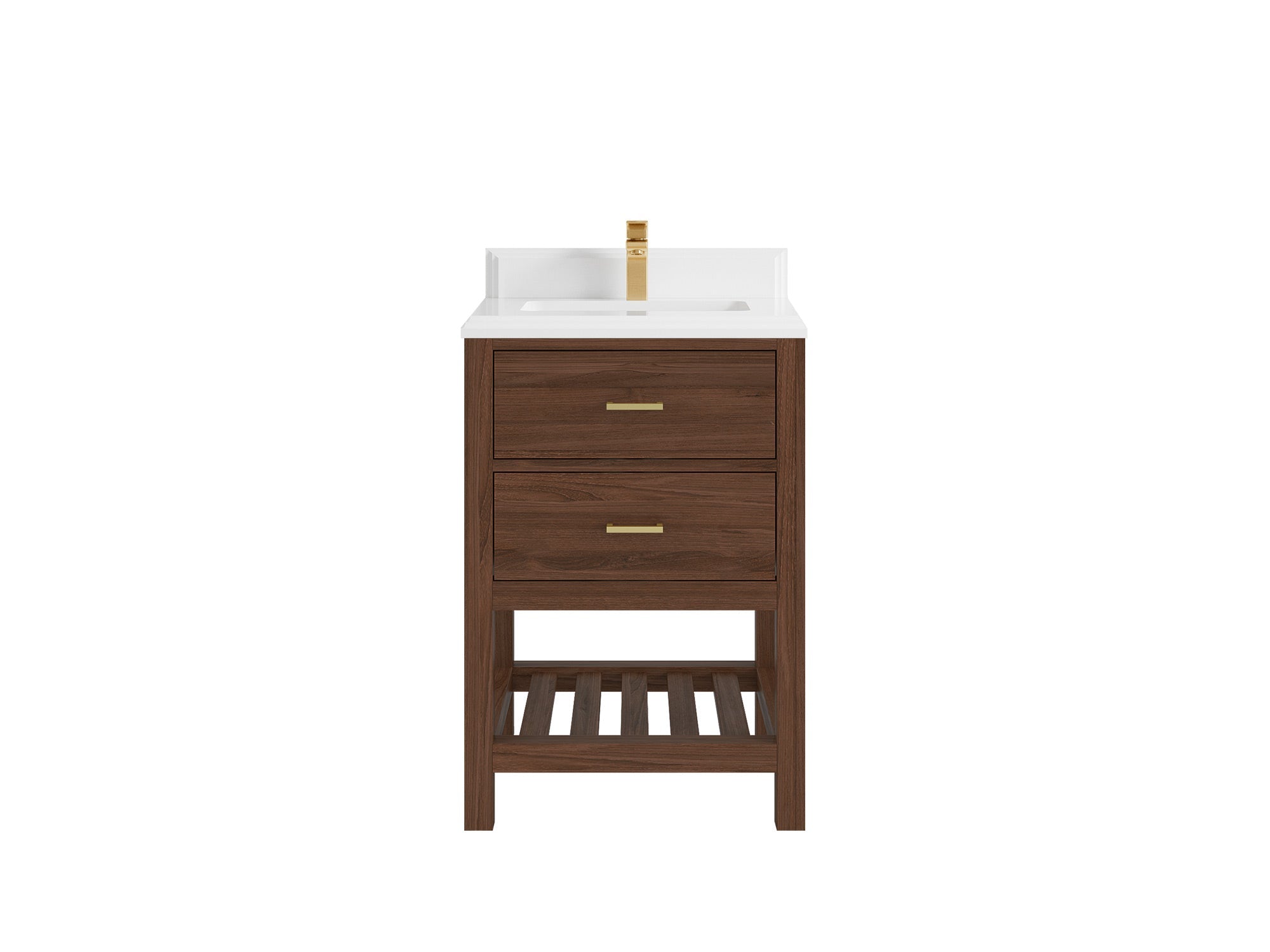 Parker Teak Wood 24-inch bathroom vanity in Dark Walnut Teak with double-cove White Quartz countertop