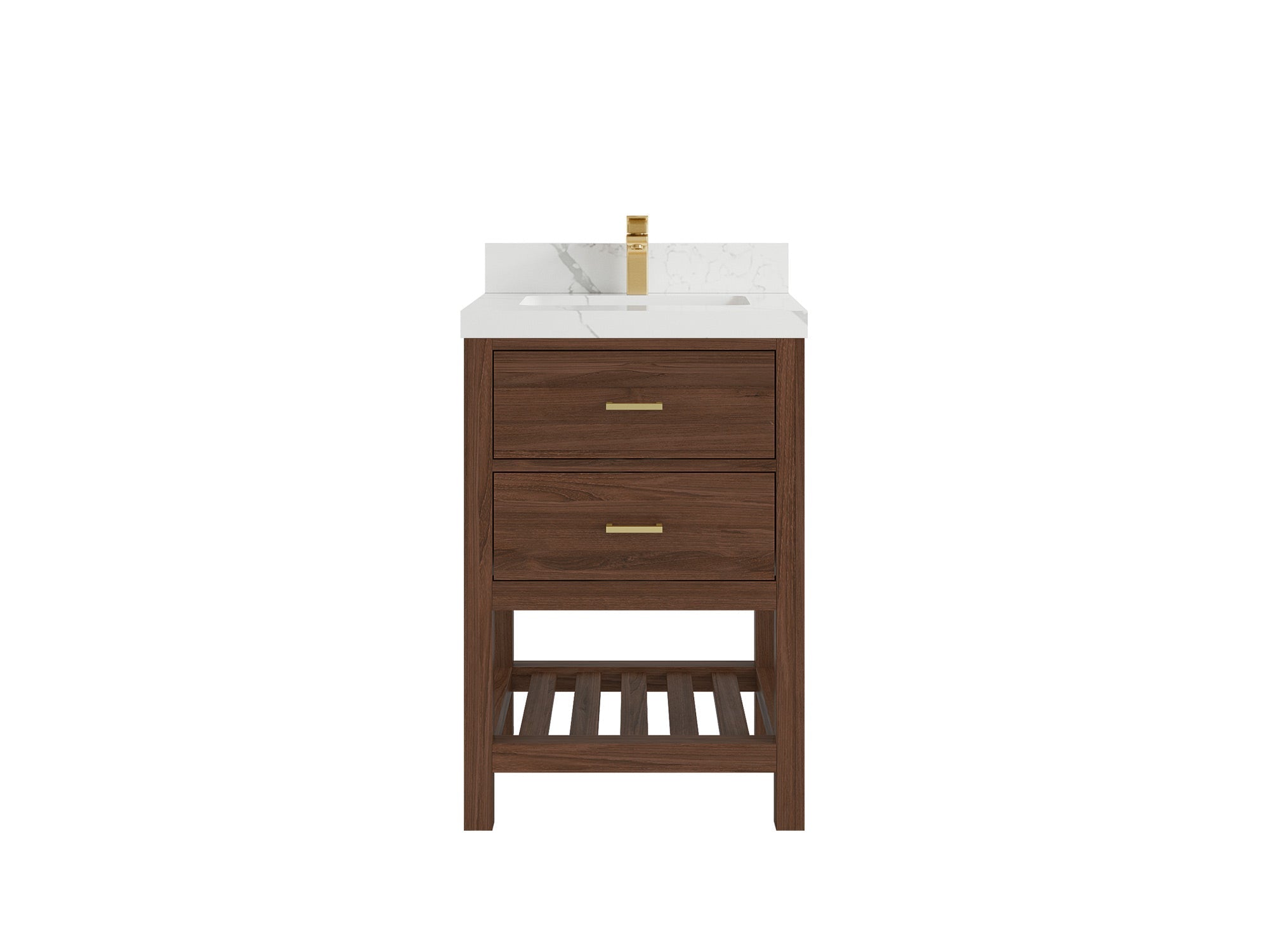 Parker Teak Wood 24-inch bathroom vanity in Dark Walnut Teak with Calacatta Laza Quartz countertop