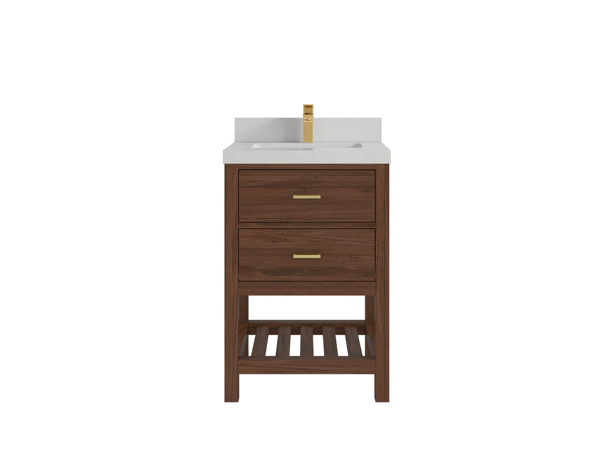 Parker Teak Wood 24-inch bathroom vanity in Dark Walnut Teak with Carrara Quartz countertop