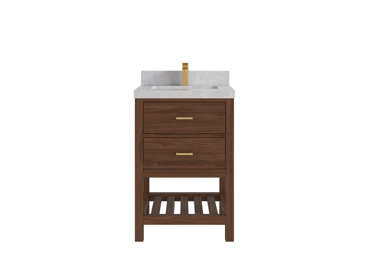 Parker Teak Wood 24-inch bathroom vanity in Dark Walnut Teak with Pearl Light Gray Quartz countertop