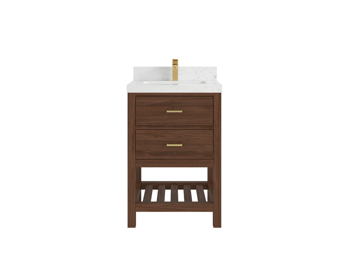 Parker Teak Wood 24-inch bathroom vanity in Dark Walnut Teak with Empira White Quartz countertop