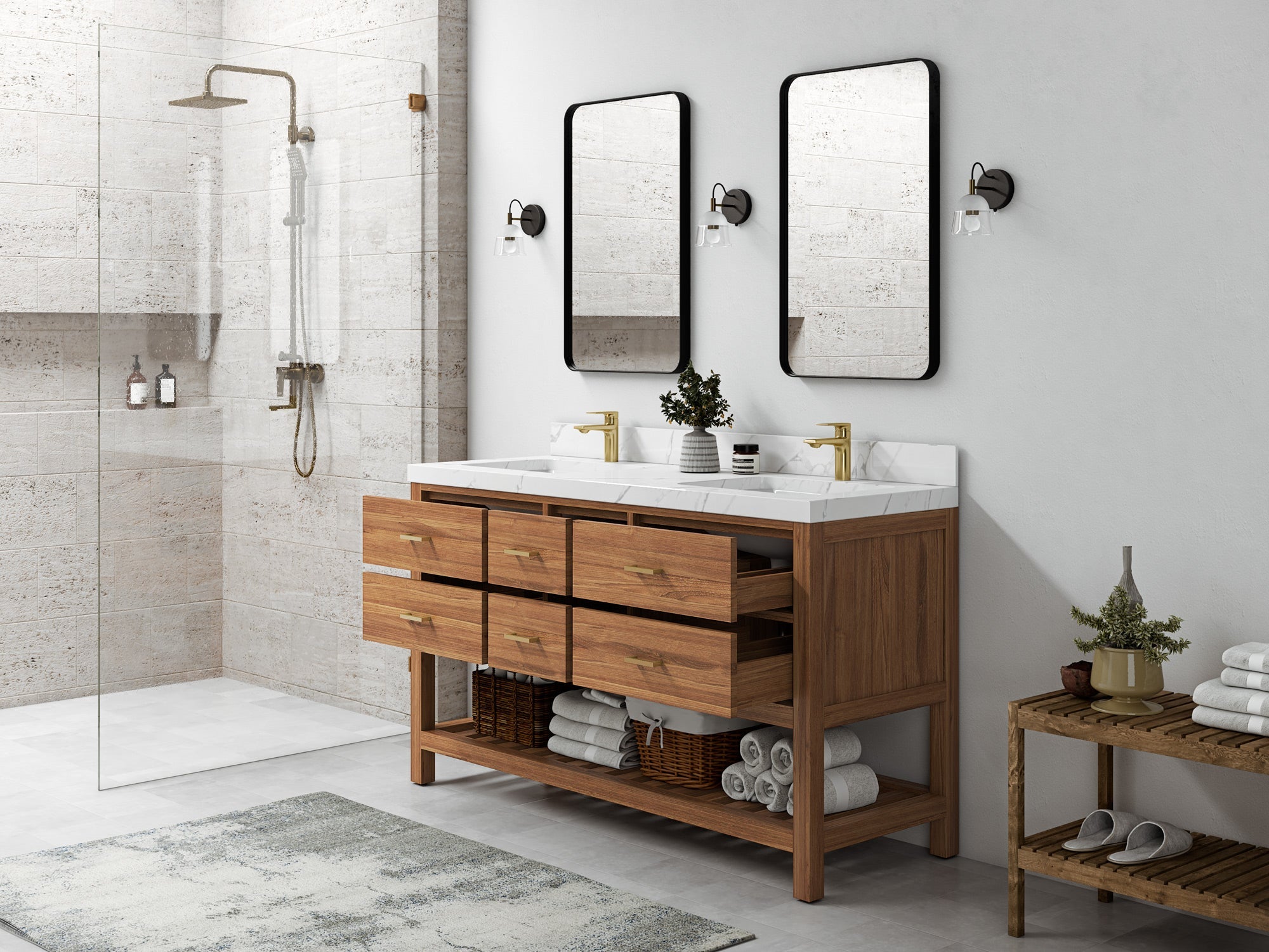 Parker Teak Wood 60 in. W x 22 in. D Double Sink Bathroom Vanity - Willow Bath and Vanity