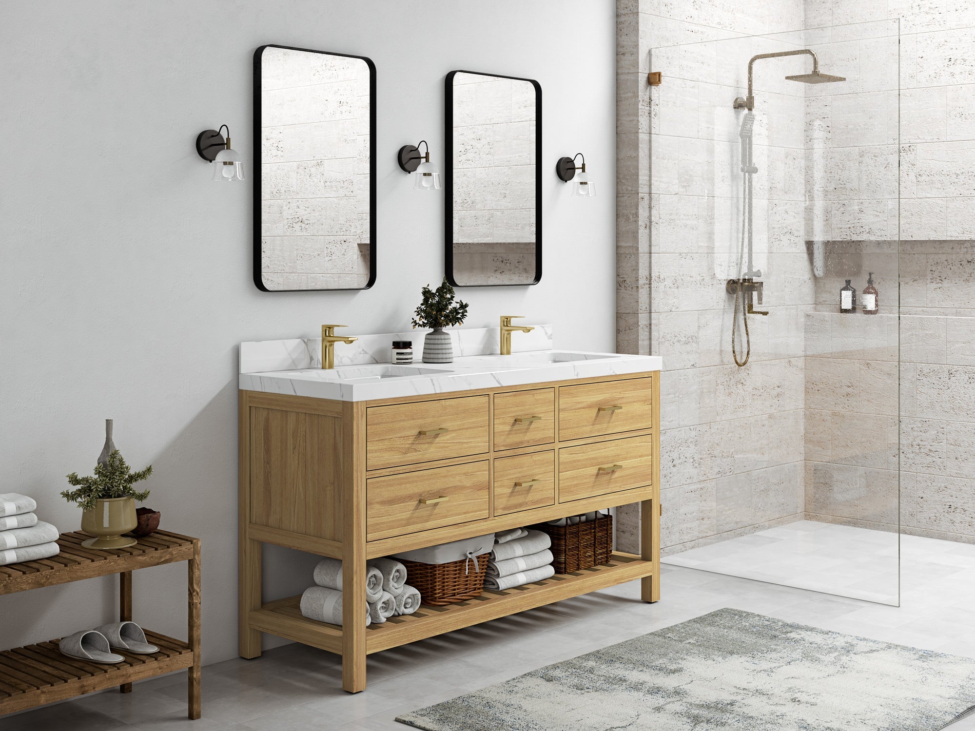 Parker Teak Wood 60 in. W x 22 in. D Double Sink Bathroom Vanity - Willow Bath and Vanity