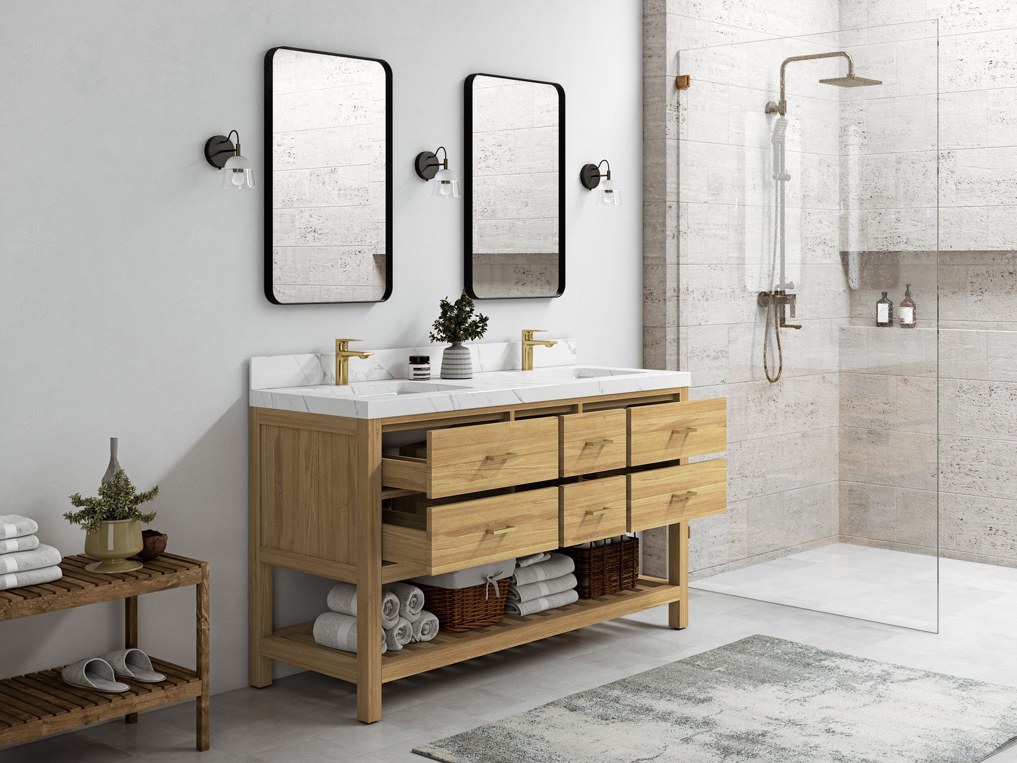 Parker Teak Wood 60 in. W x 22 in. D Double Sink Bathroom Vanity - Willow Bath and Vanity