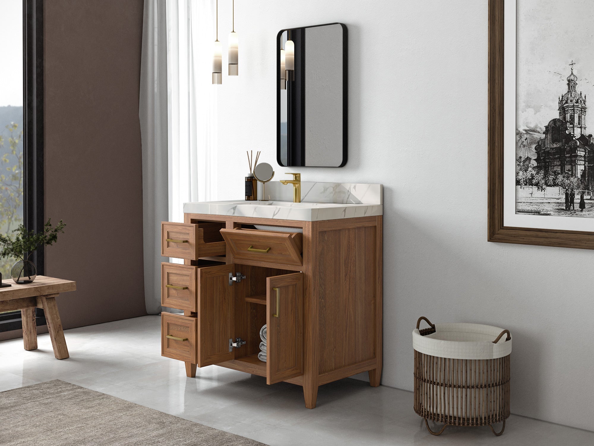 Santa Monica Teak Wood 36 in. W x 22 in. D Center Sink Bathroom Vanity - Willow Bath and Vanity