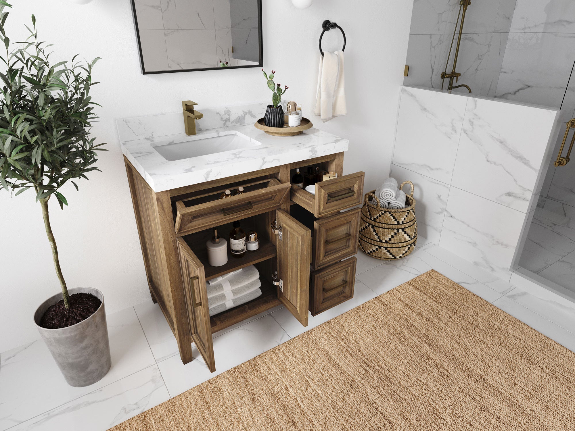Santa Monica Teak Wood 36 in. W x 22 in. D Left Offset Sink Bathroom Vanity - Willow Bath and Vanity