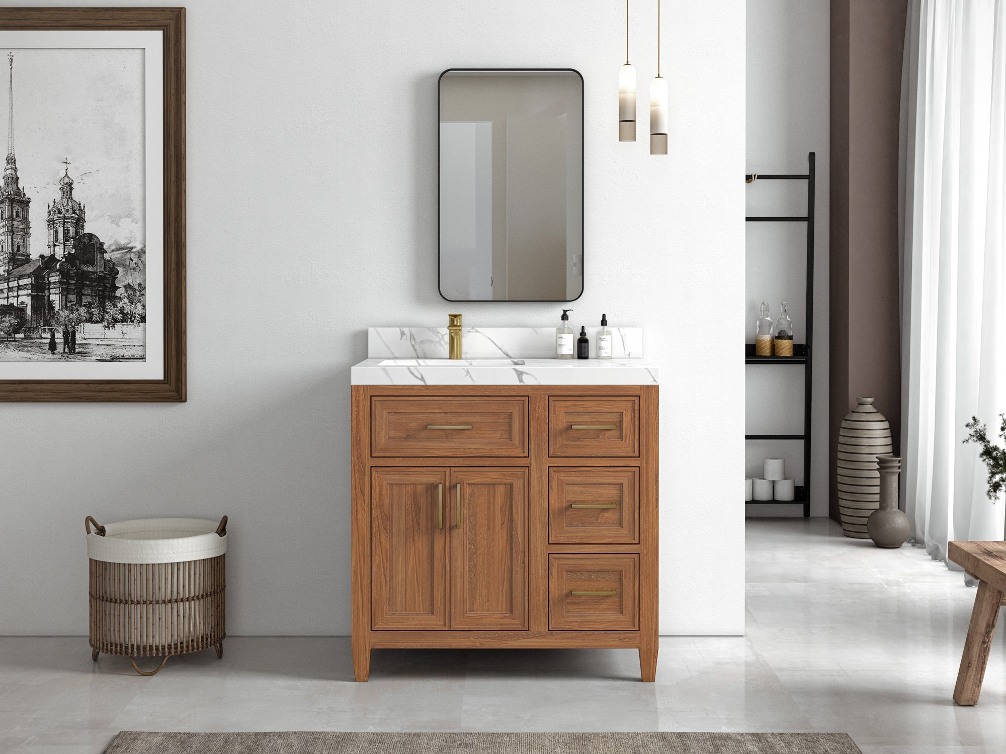 Santa Monica Teak Wood 36 in. W x 22 in. D Left Offset Sink Bathroom Vanity - Willow Bath and Vanity