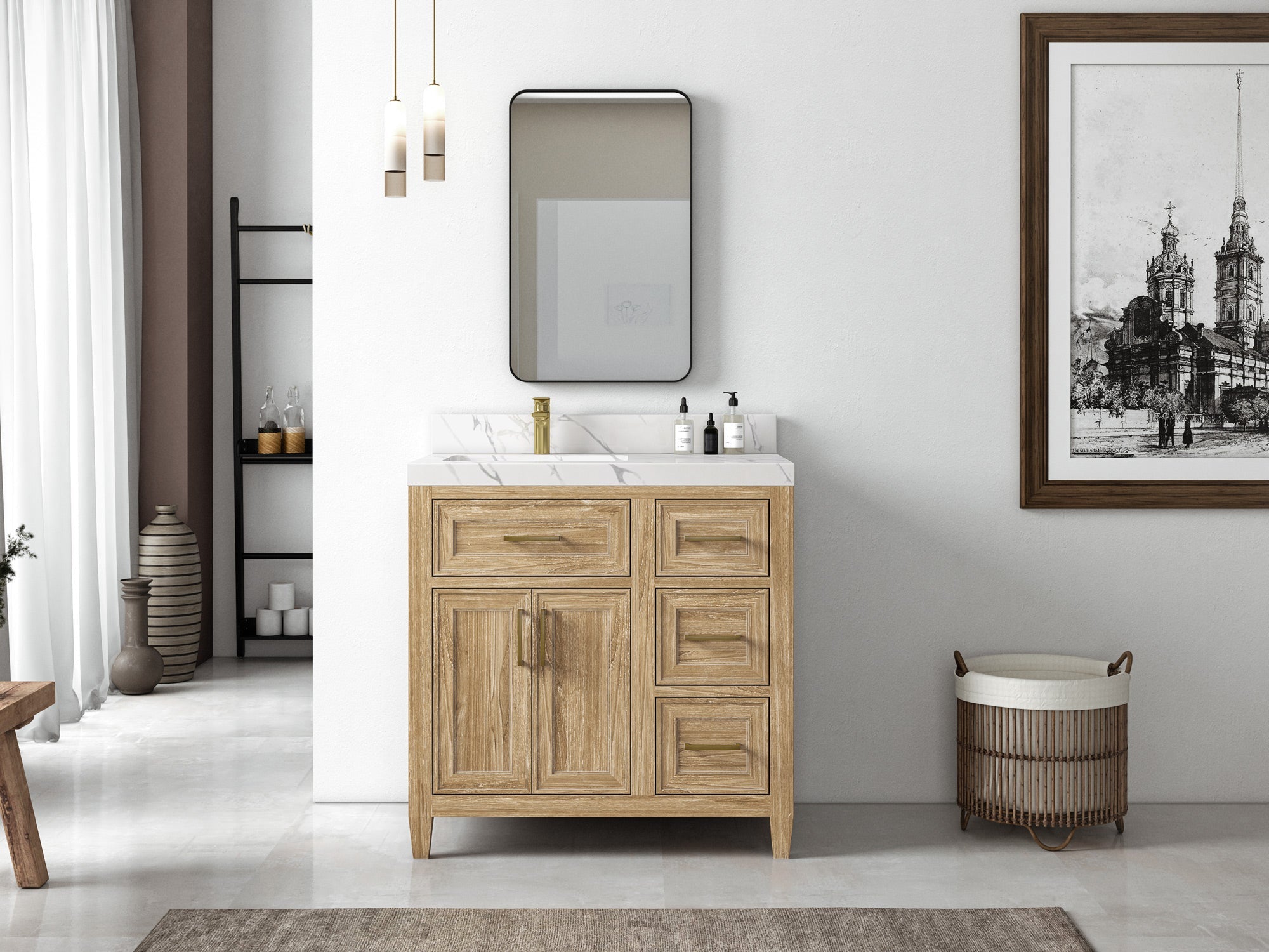 Santa Monica Teak Wood 36 in. W x 22 in. D Left Offset Sink Bathroom Vanity - Willow Bath and Vanity
