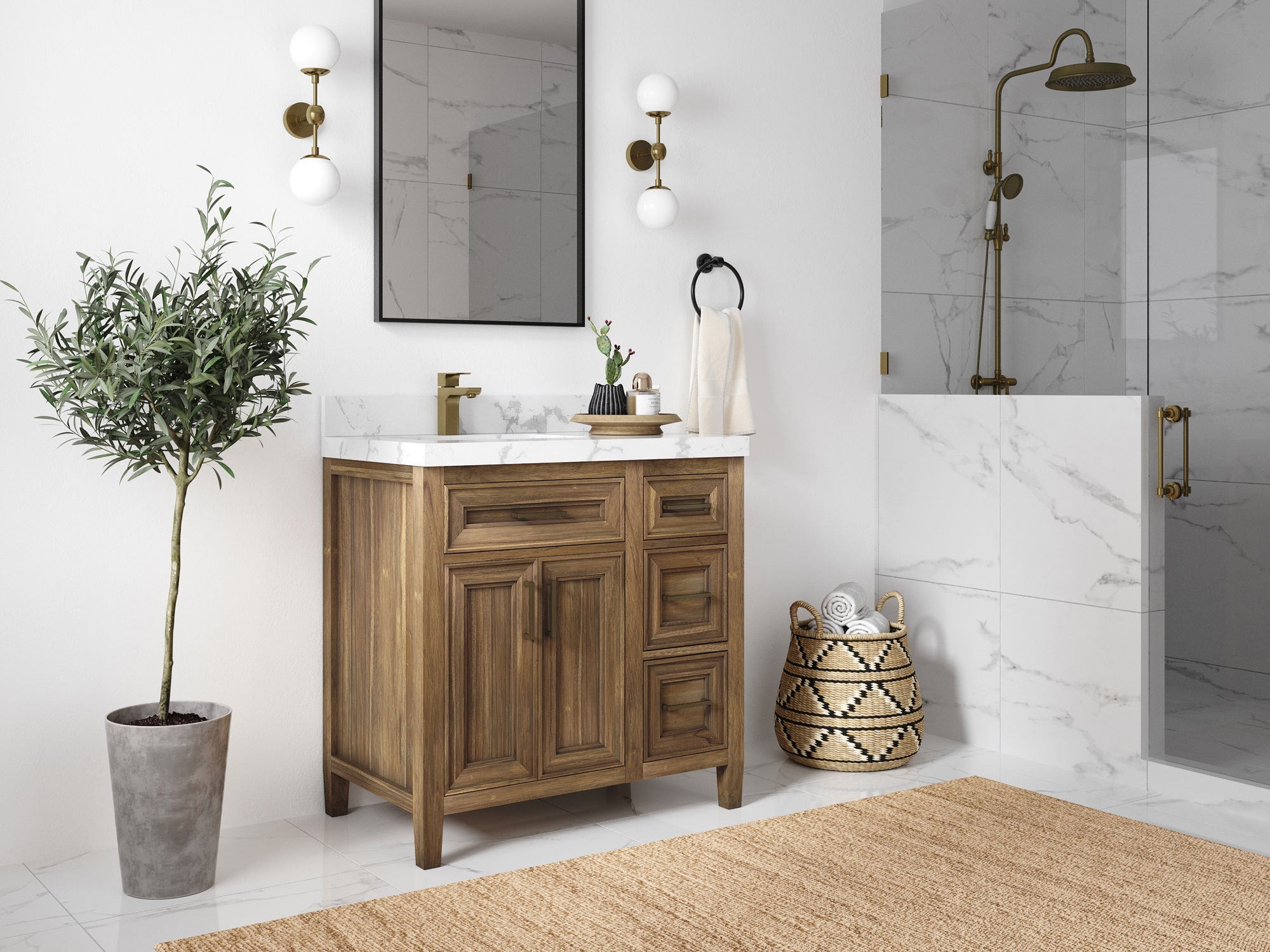 Santa Monica Teak Wood 36 in. W x 22 in. D Left Offset Sink Bathroom Vanity - Willow Bath and Vanity