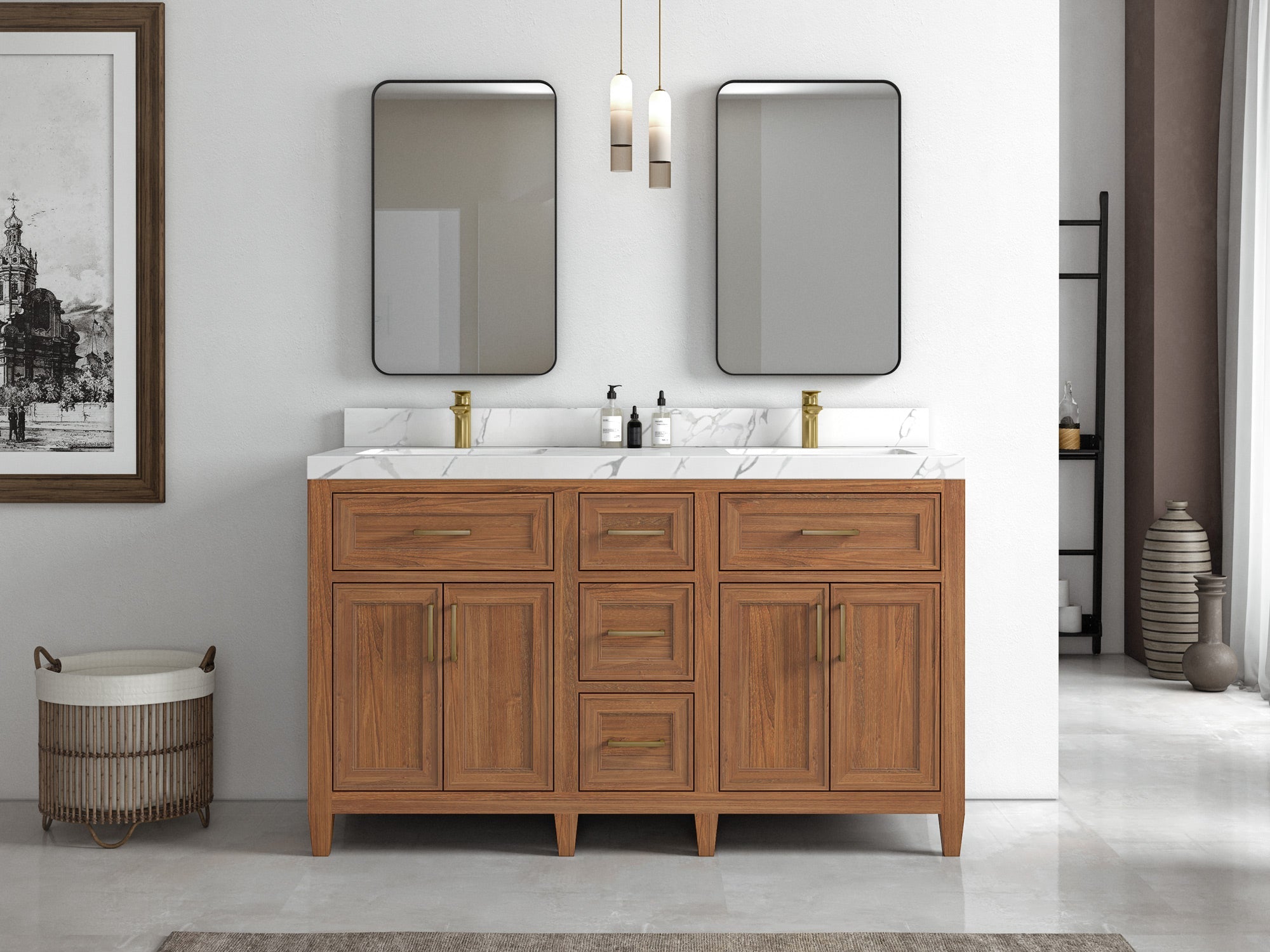 Santa Monica Teak Wood 60 in. W x 22 in. D Double Sink Bathroom Vanity - Willow Bath and Vanity