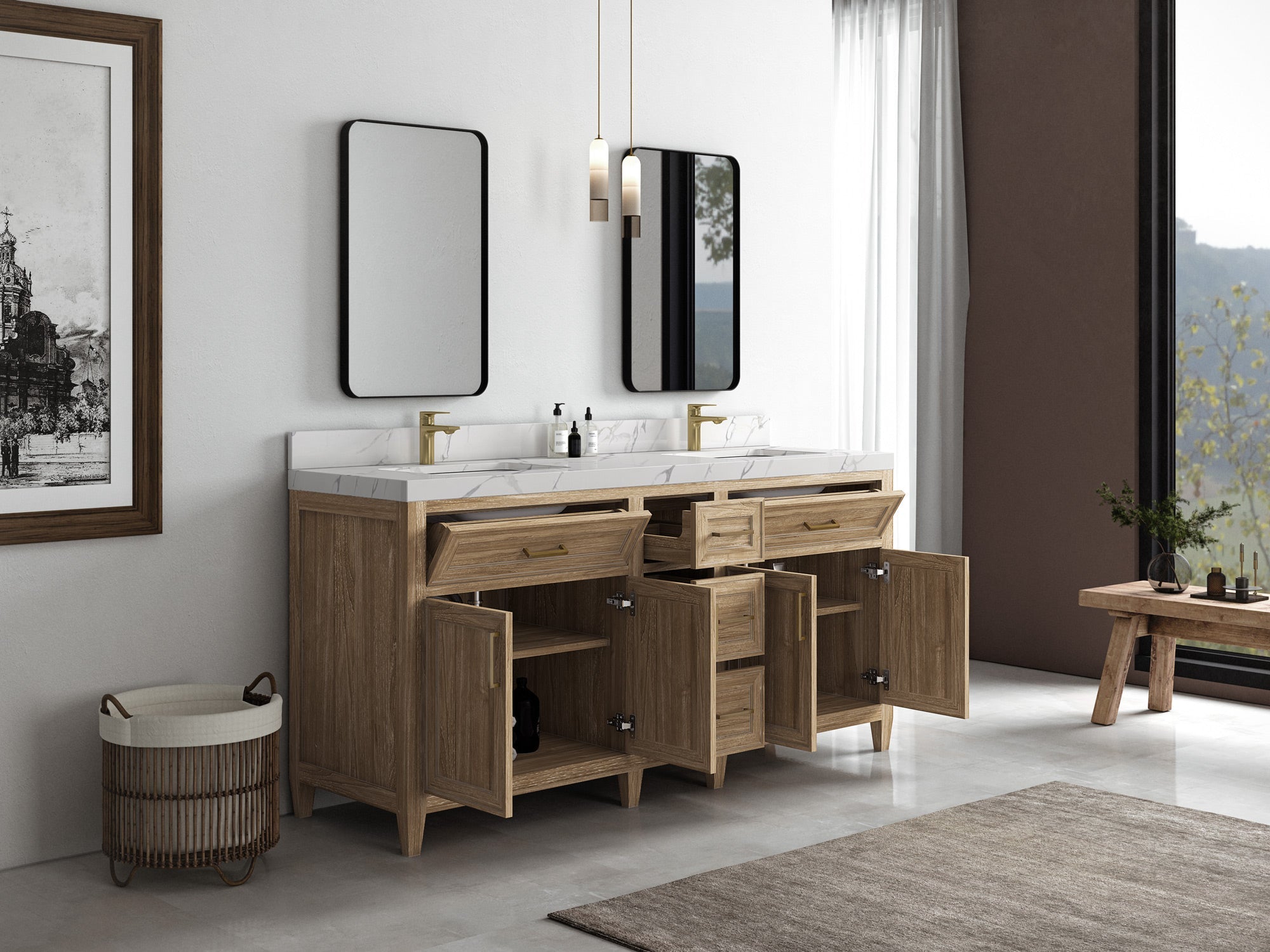 Santa Monica Teak Wood 72 in. W x 22 in. D Double Sink Bathroom Vanity - Willow Bath and Vanity