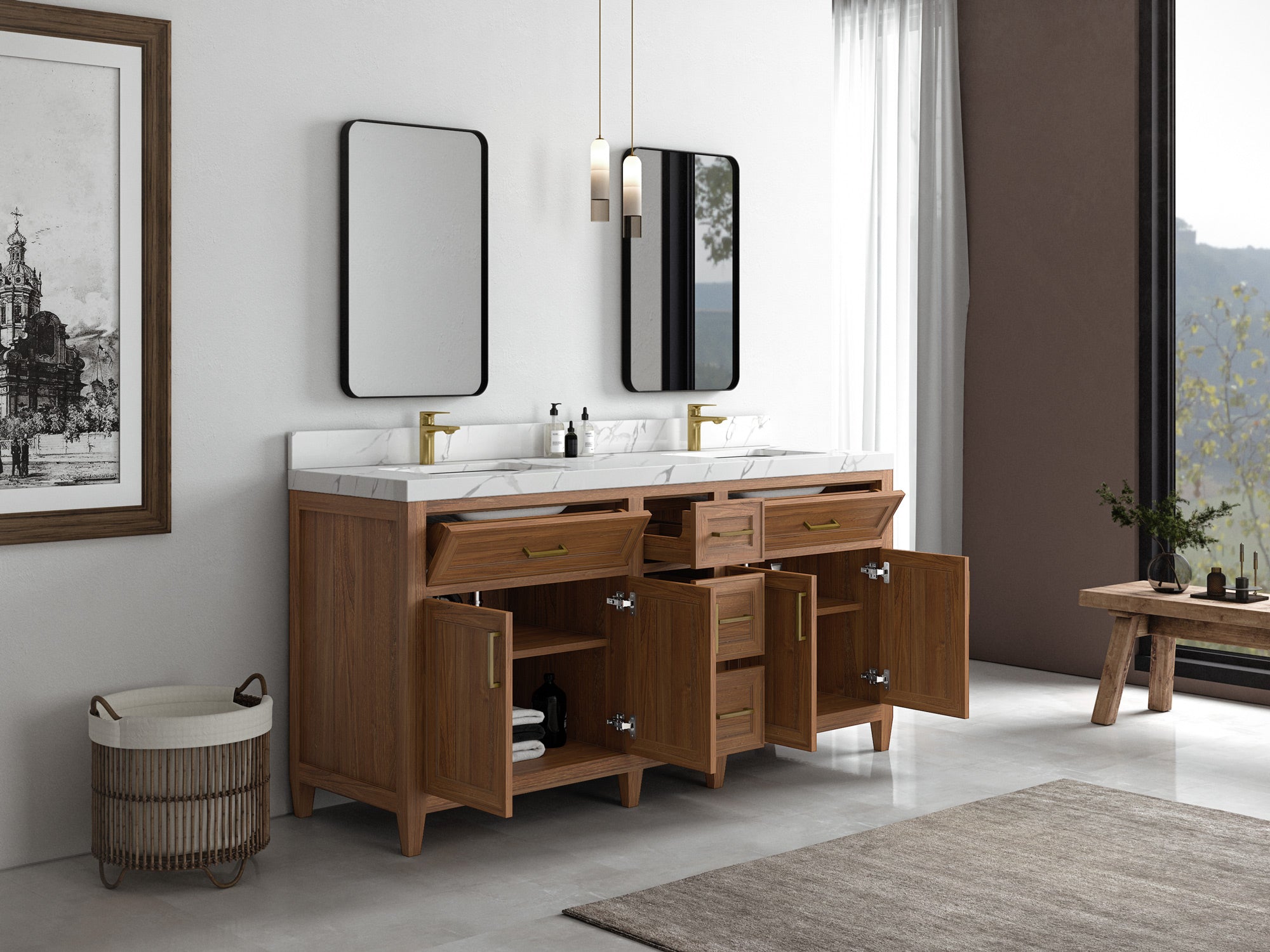 Santa Monica Teak Wood 72 in. W x 22 in. D Double Sink Bathroom Vanity - Willow Bath and Vanity