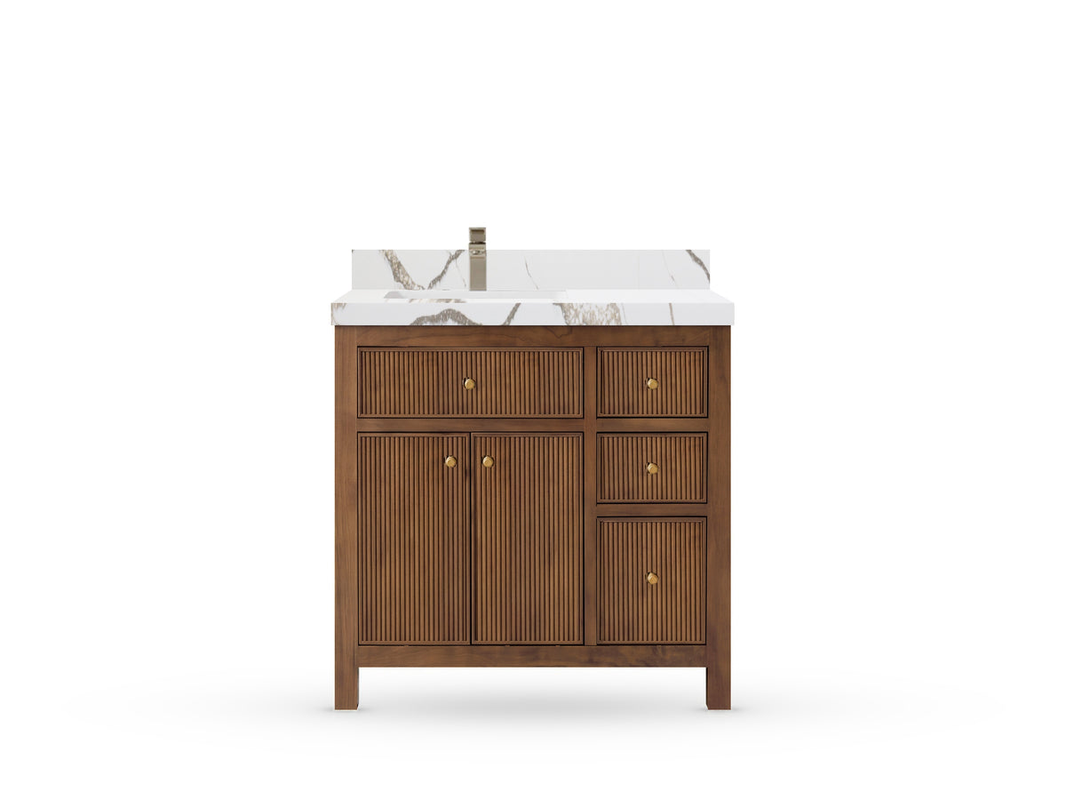 Sonoma Reeded Teak Wood 36 in. W x 22 in. D Left Offset Sink Bathroom Vanity