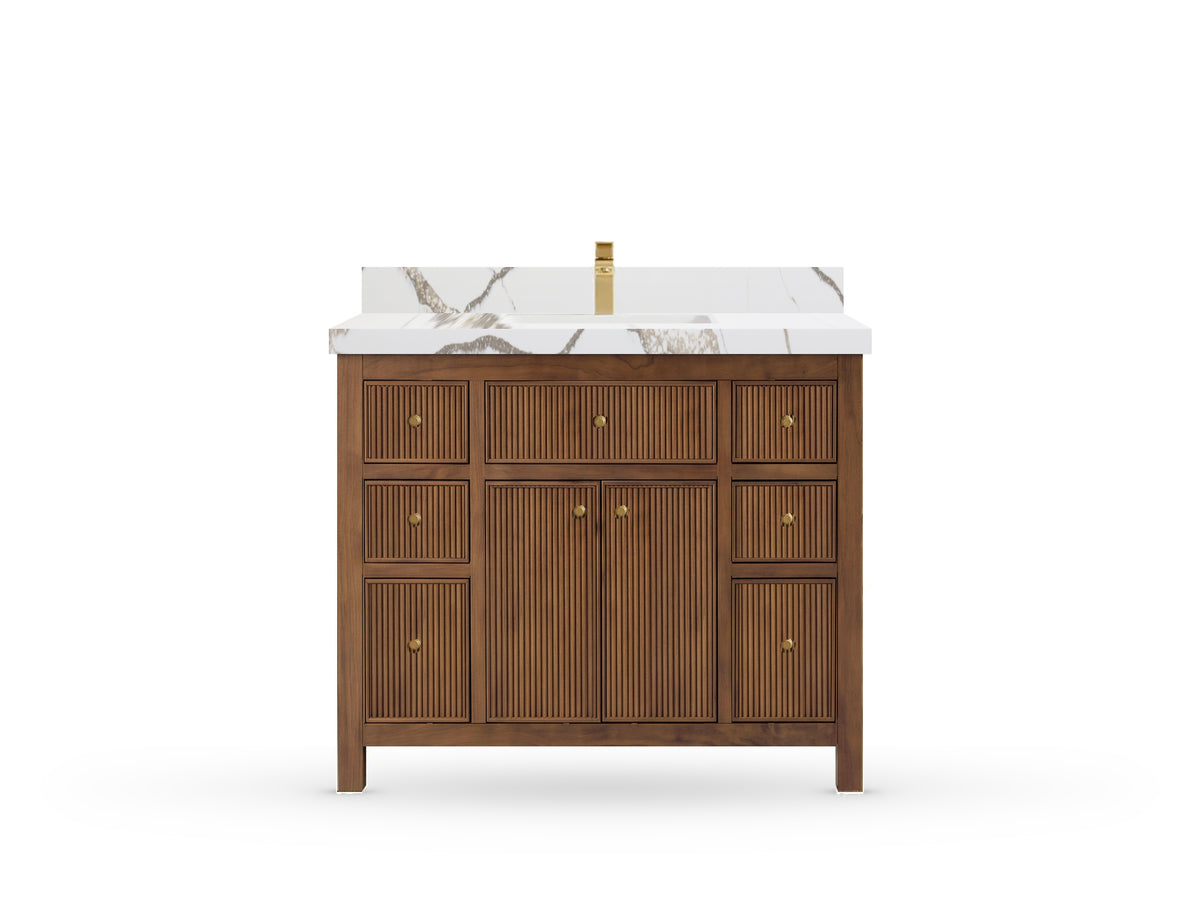 Sonoma42 Dark Natural Teak vanity with Calacatta Gold Quartz, Straight / Mitered, front view
