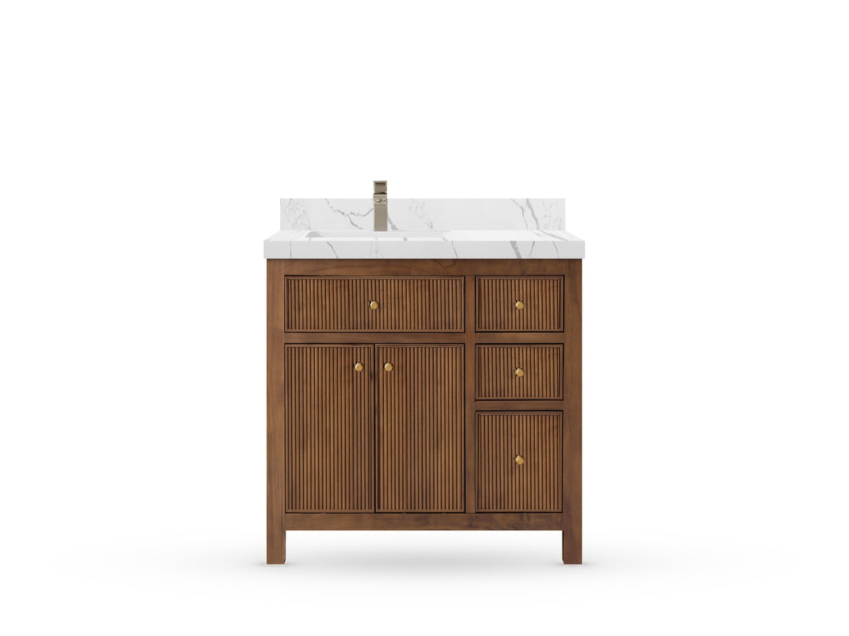 Sonoma Reeded Teak Wood 36 in. W x 22 in. D Left Offset Sink Bathroom Vanity