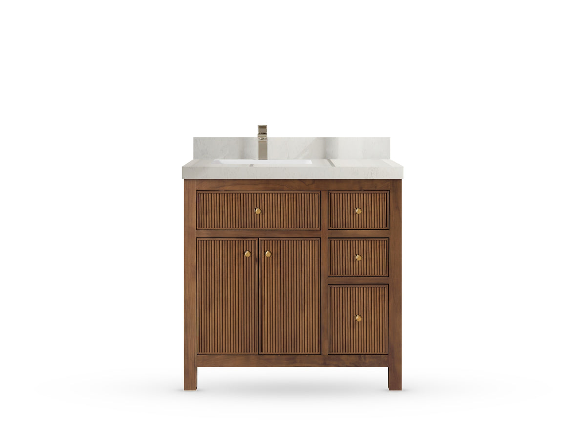 Sonoma Reeded Teak Wood 36 in. W x 22 in. D Left Offset Sink Bathroom Vanity