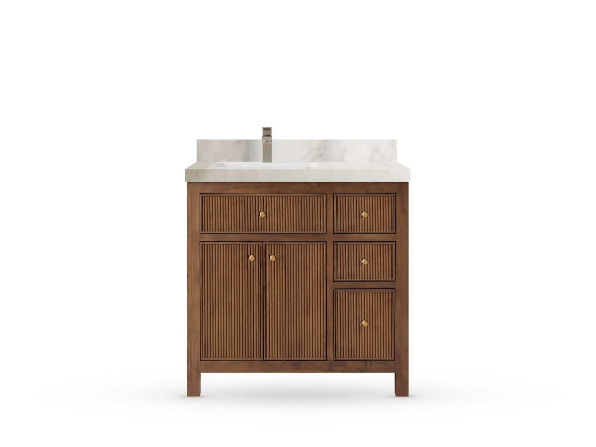 Sonoma Reeded Teak Wood 36 in. W x 22 in. D Left Offset Sink Bathroom Vanity