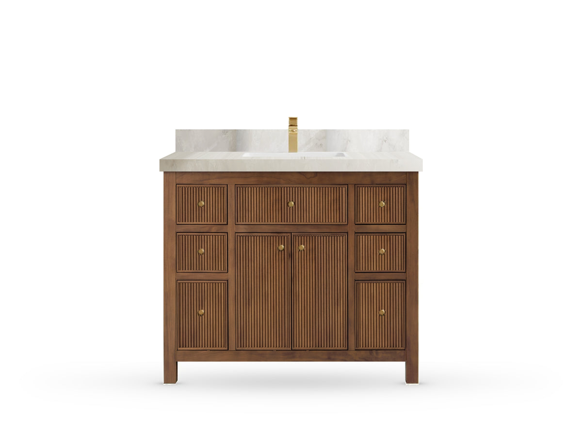 Sonoma42 Dark Natural Teak vanity with Onyx Quartz, Straight / Mitered, front view