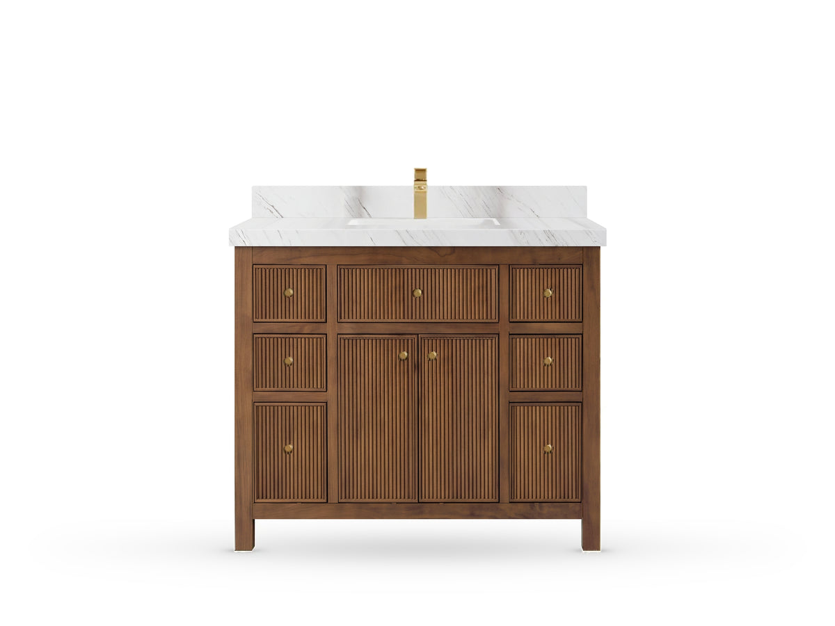 Sonoma42 Dark Natural Teak vanity with Palissandro Quartz, Straight / Mitered, front view