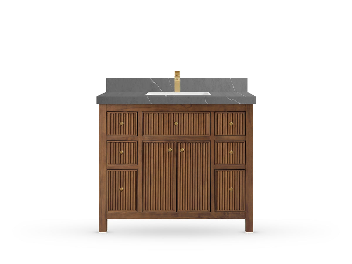 Sonoma42 Dark Natural Teak vanity with Piatra Gray Quartz, Straight / Mitered, front view