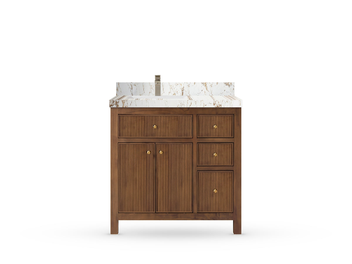 Sonoma Reeded Teak Wood 36 in. W x 22 in. D Left Offset Sink Bathroom Vanity