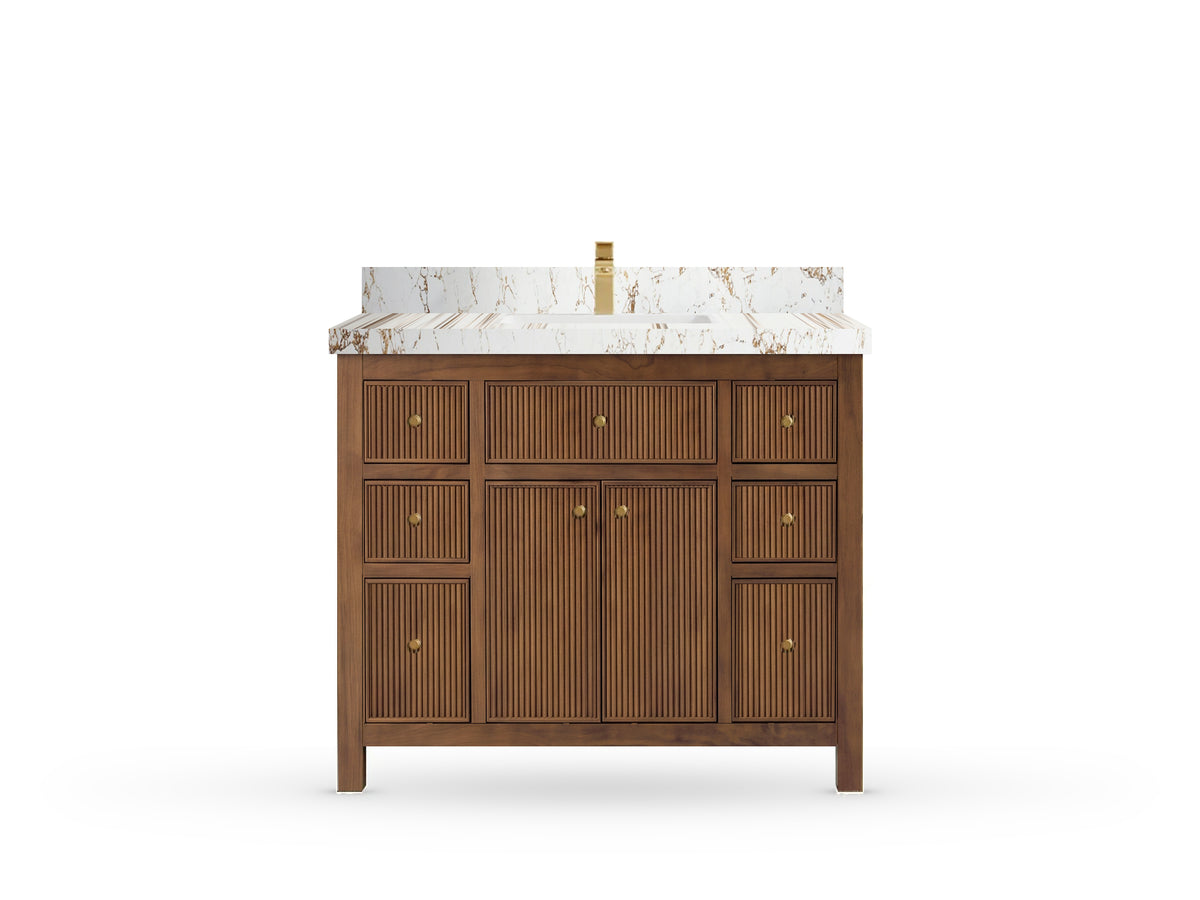 Sonoma42 Dark Natural Teak vanity with Viola Gold Quartz, Straight / Mitered, front view