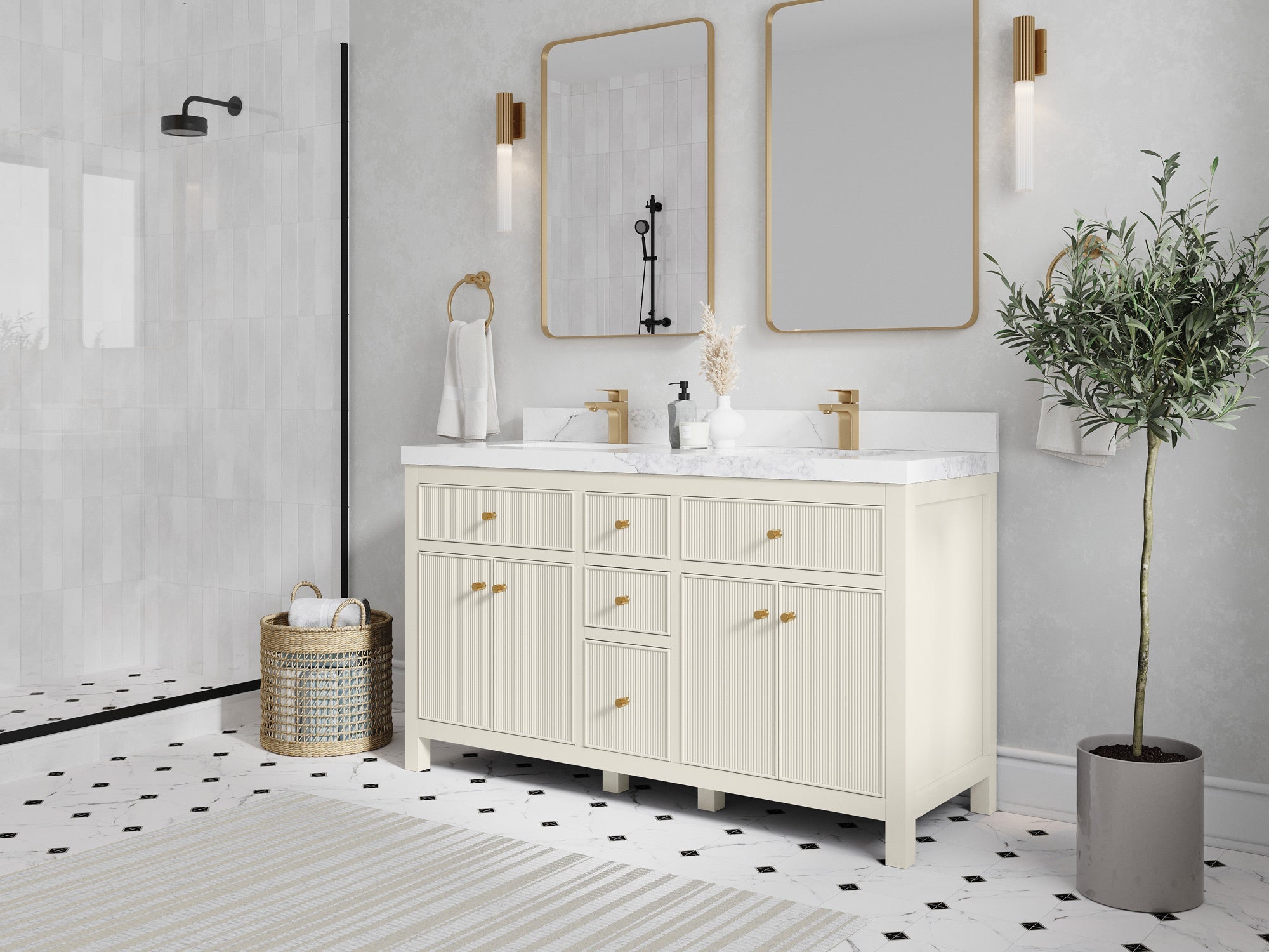 Sonoma 60 in W x 22 in D Free Standing Reeded Double Sink Bathroom Vanity - Willow Bath and Vanity