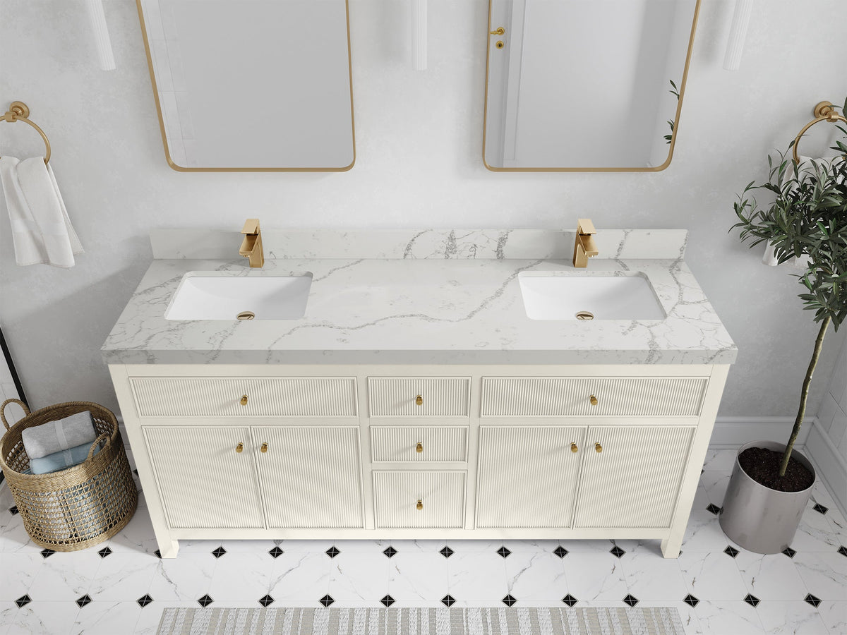 Sonoma 72 inch Alabaster double vanity with Venatino Quartz countertop, elevated view