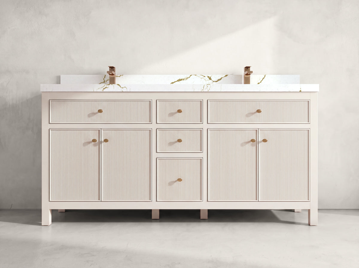 Sonoma 72 inch Alabaster double vanity with Berkshire Brass Quartz countertop, front view on neutral linen background