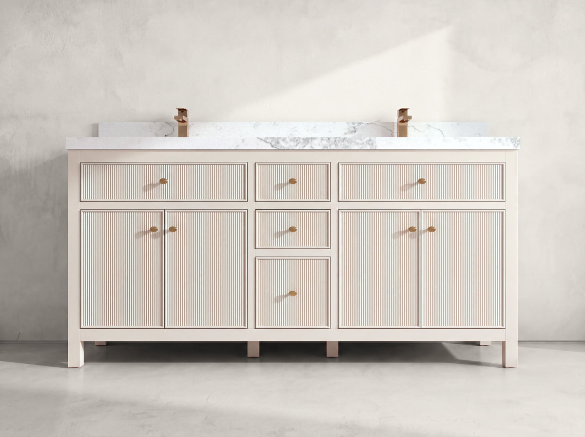 Sonoma 72 inch Alabaster double vanity with Calacatta Nuvo Quartz countertop, front view on neutral linen background