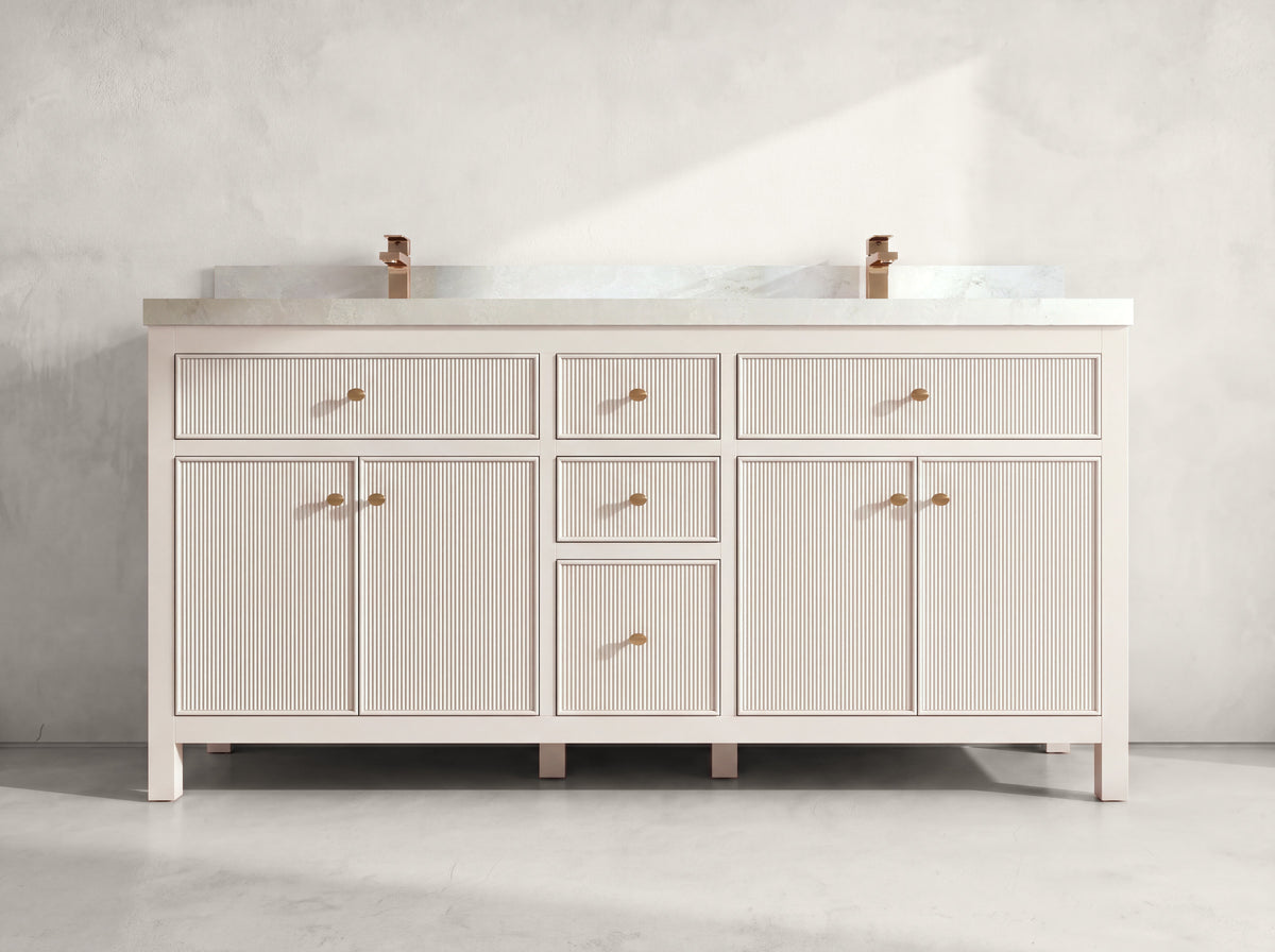 Sonoma 72 inch Alabaster double vanity with Onyx Quartz countertop, front view on neutral linen background