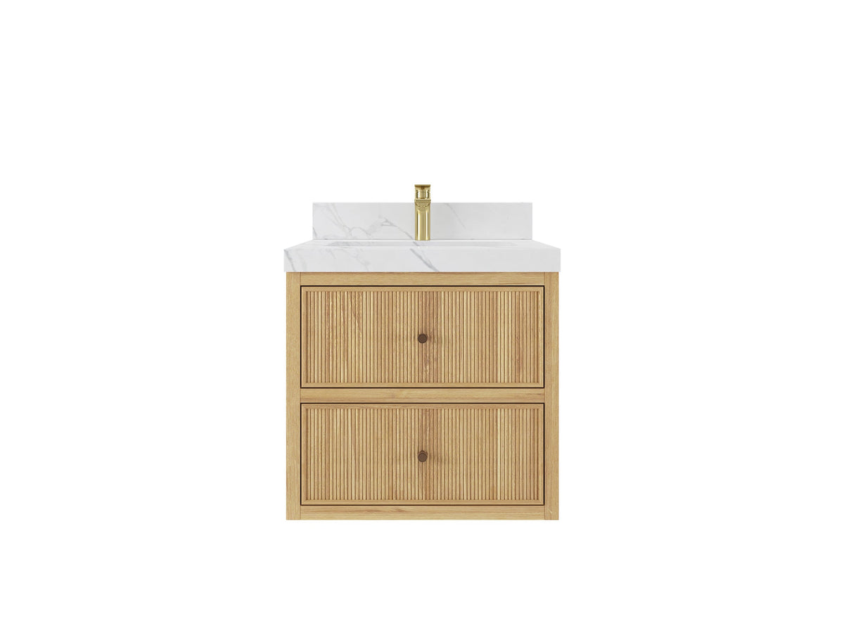 Sonoma 24-inch floating bathroom vanity in Light Natural Teak with white stone countertop, front view