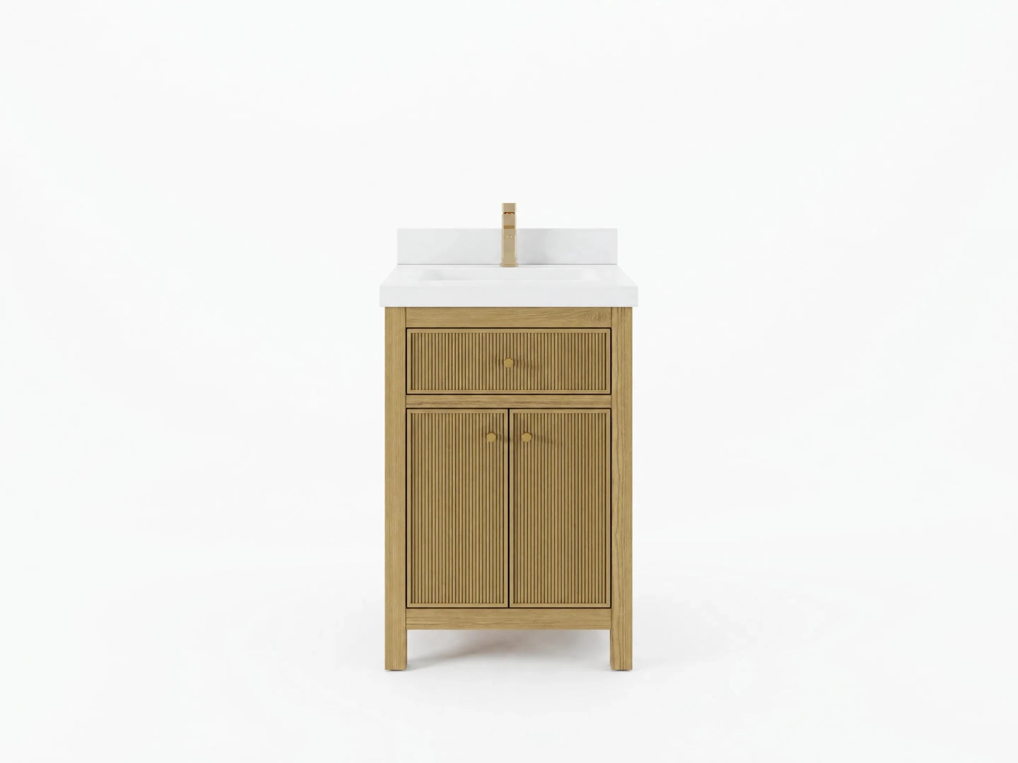 Sonoma White Oak 24-inch bathroom vanity with white countertop, front product view
