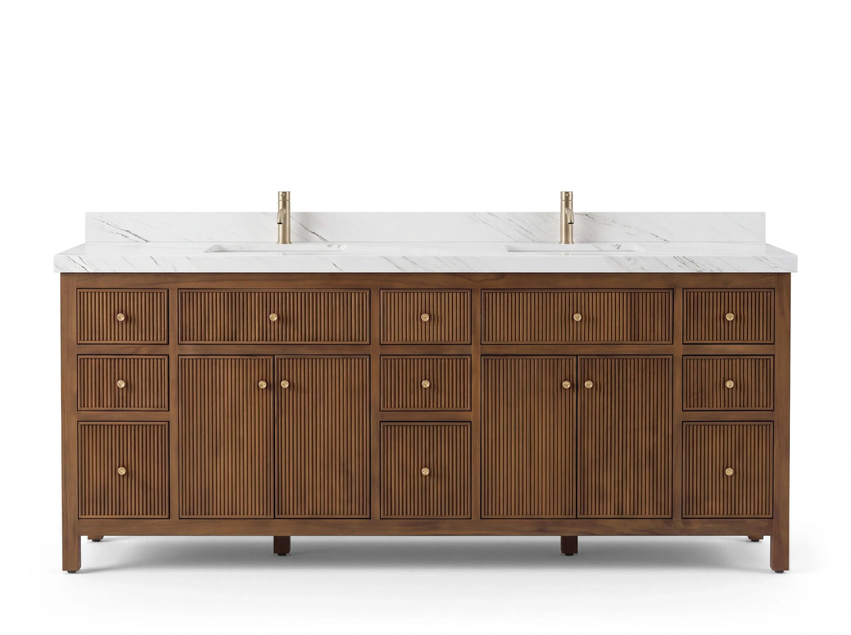 Sonoma 84 inch Dark Natural Teak vanity with Palissandro Quartz, Straight / Mitered, front view