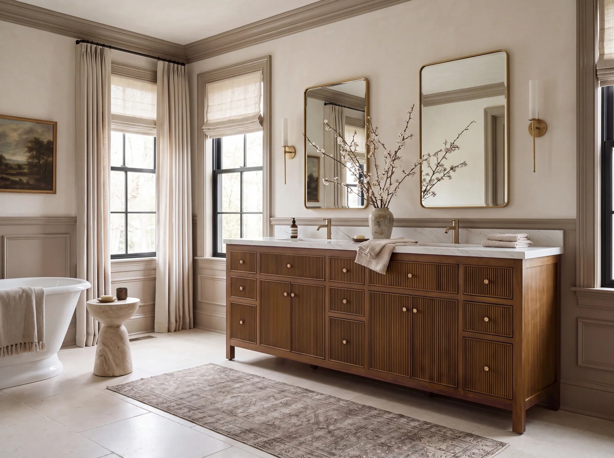 Sonoma 84 inch Dark Natural teak vanity with Palissandro Quartz, in a warm residential bathroom
