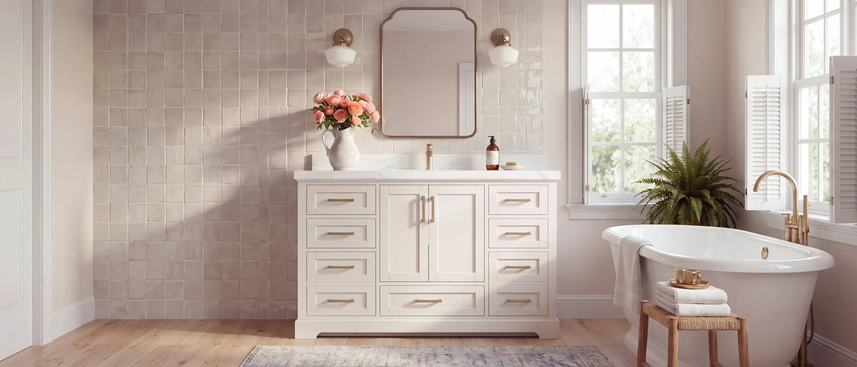 Boston Alabaster single sink bathroom vanity in a warm American bathroom with oatmeal glazed tile, white oak floors and a slipper tub