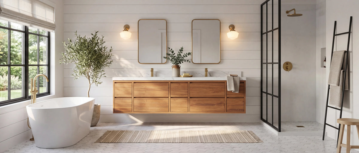 Best sellers — 84 inch Madison floating solid teak double vanity in a modern farmhouse bathroom with white shiplap and a marble hexagon floor