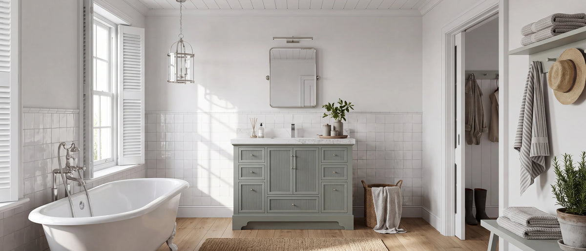 Evergreen Fog vanities — 48 inch Alys reeded single sink vanity in sage green in a coastal bathroom with white zellige tile and a clawfoot bath